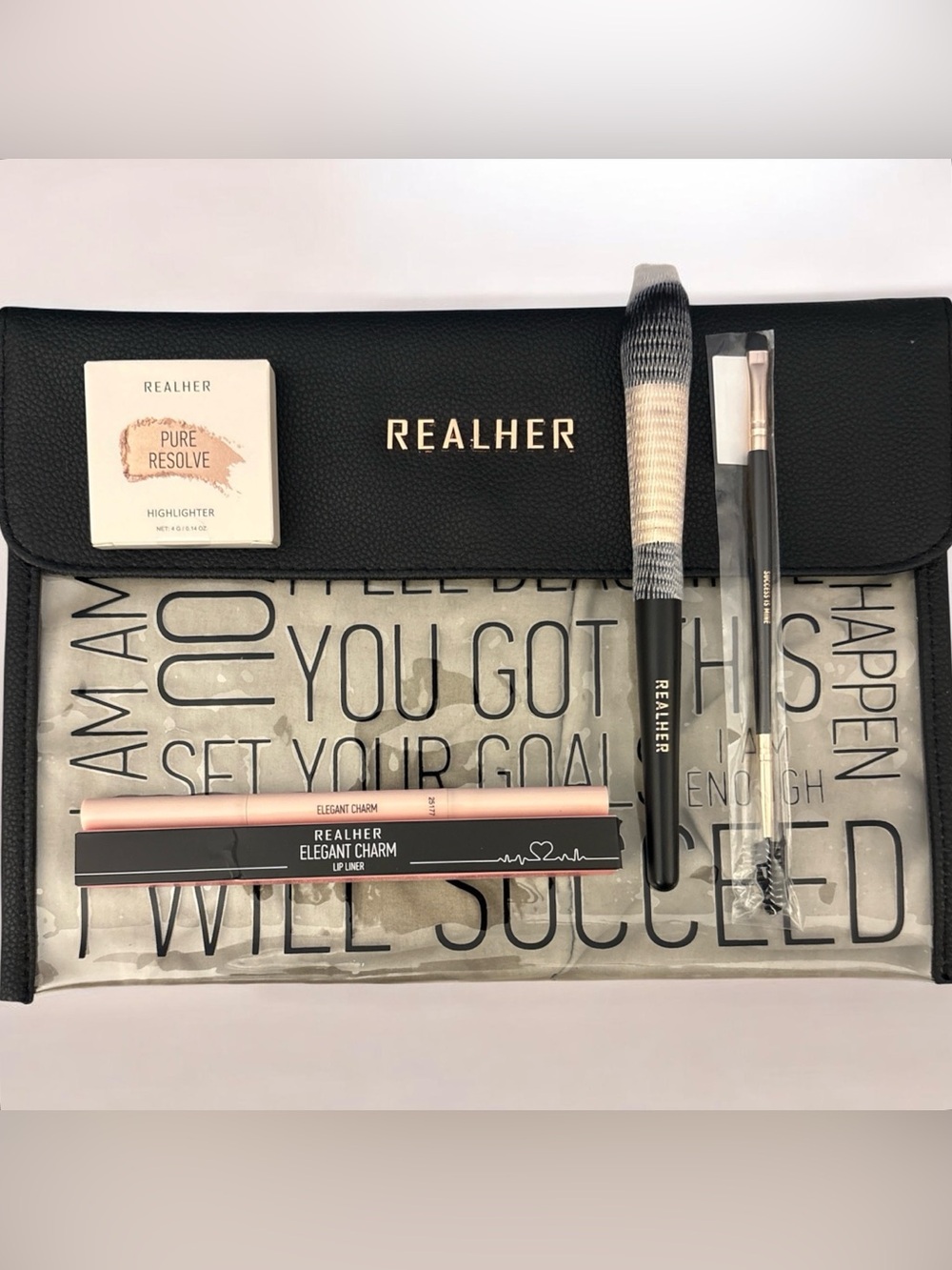 REALHER 5 Pc Lip Liner, Highlighter, Brushes & Clear Pouch